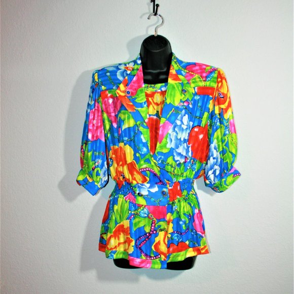 RARE! Vintage Kanga Collection by Dale Tryon 80s Floral Pleated 3 Piece Outfit - Picture 2 of 11